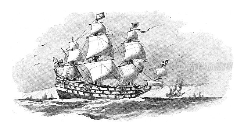 English warship Royal Sovereign - Vintage engraved illustration